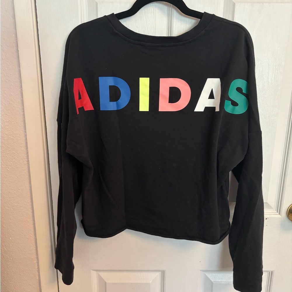 Adidas Black Cropped Long Sleeve Colorful Logo Shirt, L